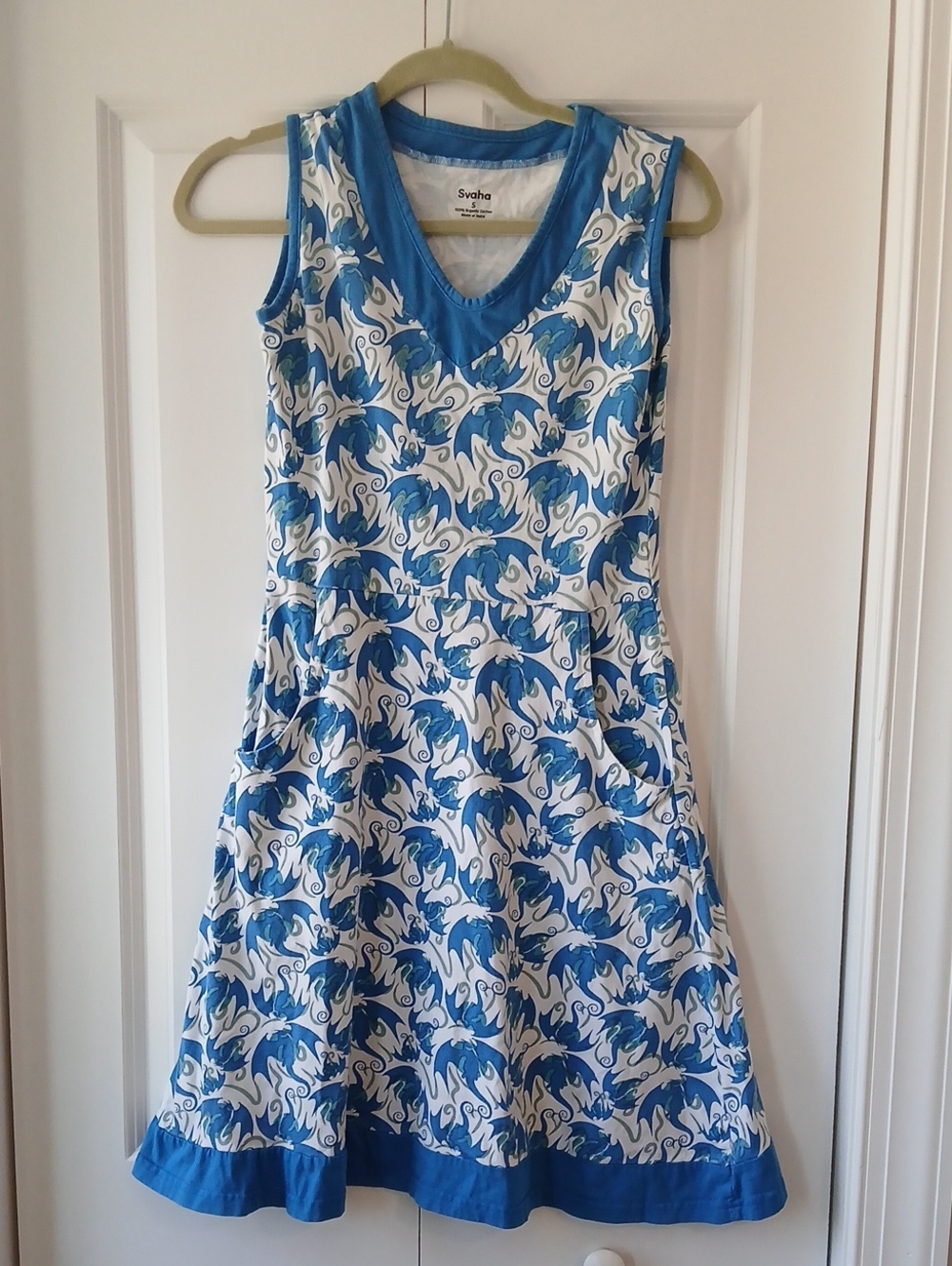 Svaha Flying Dragon Organic Cotton Blue and White Sleeveless Pockets Dress Sz S